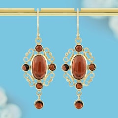 Cabochon Garnet Vintage Style Drop Earrings in Solid 9K Gold