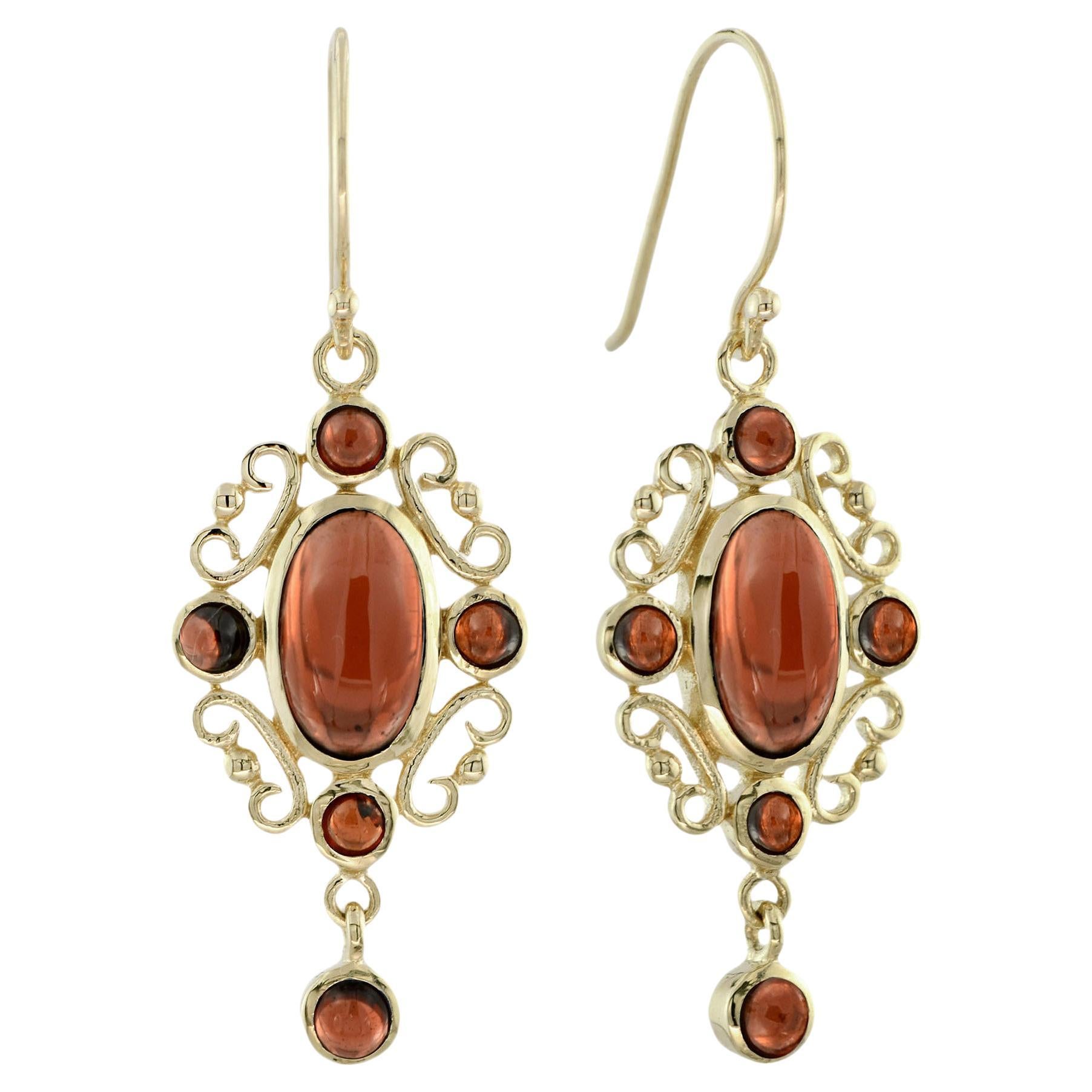 Cabochon Garnet Vintage Style Drop Earrings in Solid 9K Gold