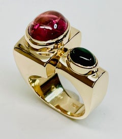 Cabochon Green and Pink Tourmaline Ring