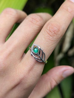 Cabochon Green Emerald Diamond 18k White Gold Leaf Feather Bypass Ring L / 5.75