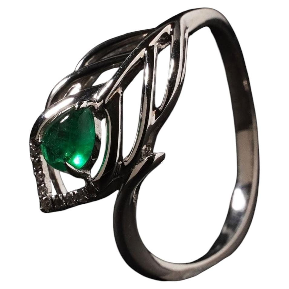 Cabochon Green Emerald Diamond 18k White Gold Leaf Feather Bypass Ring L / 5.75