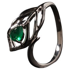 Cabochon Green Emerald Diamond 18k White Gold Leaf Feather Bypass Ring L / 5.75