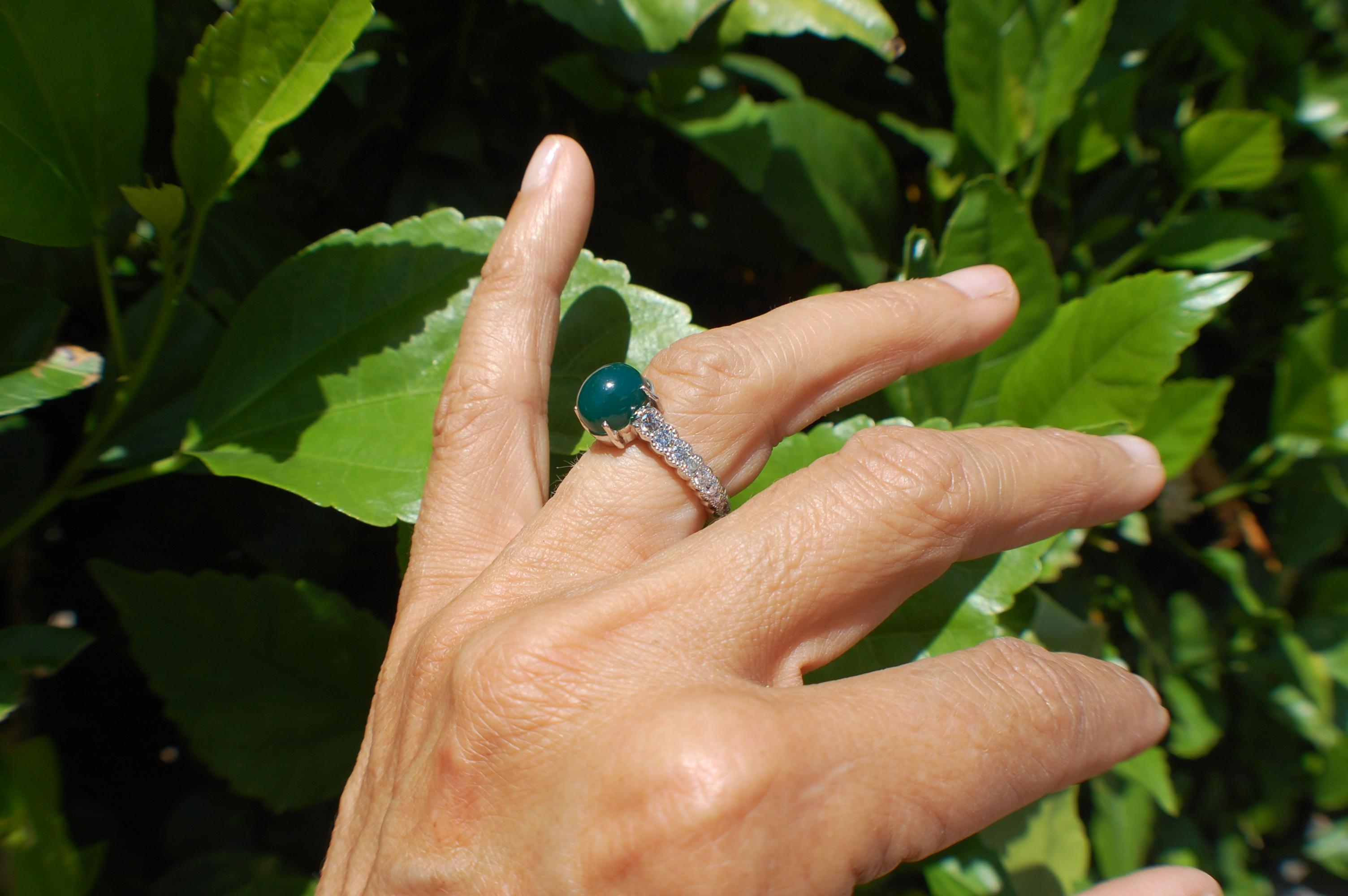 Contemporary Platinum Cabochon Jade Eternity Diamond Ring 1.50 Carats For Sale