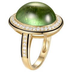 Cabochon Green Tourmaline Diamond Enamel Ring in 18 Karat Yellow Gold