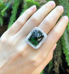 Cabochon Green Tourmaline with Diamond Ring Set in 18 Karat White Gold Settings
