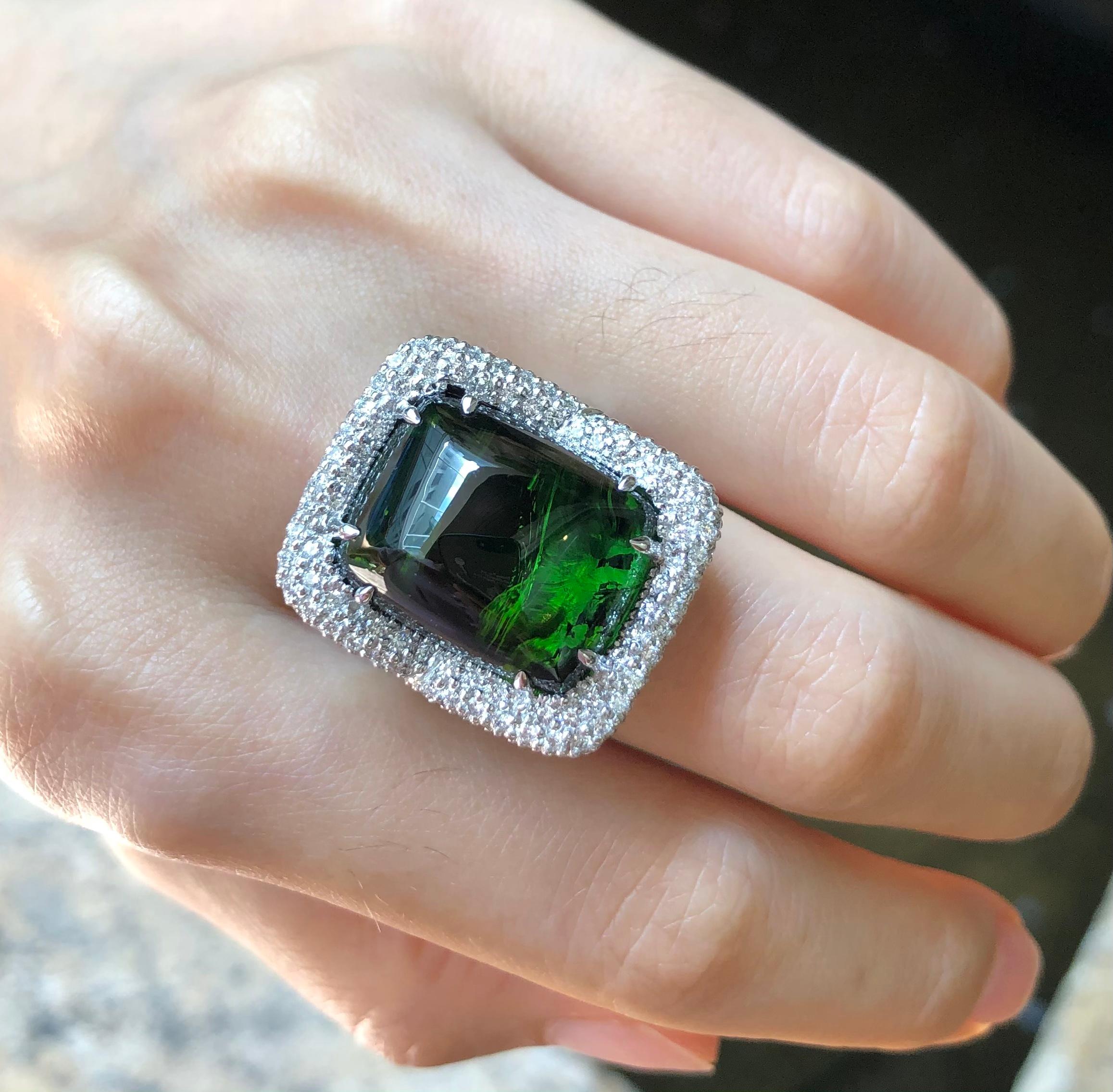 Women's Cabochon Green Tourmaline with Diamond Ring Set in 18 Karat White Gold Settings For Sale