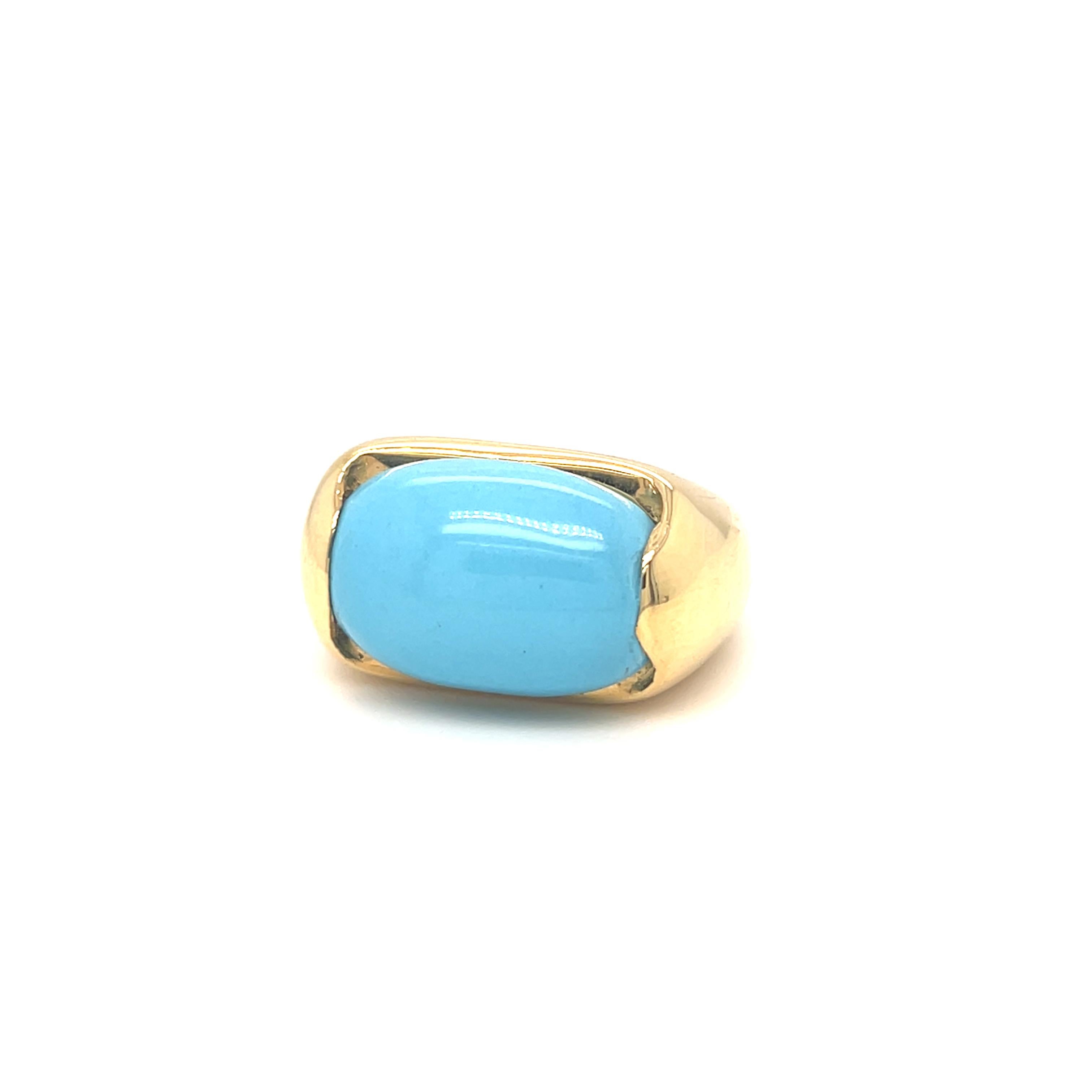 Cabochon Gumdrop Turquoise Cabochon Turquoise Puffy Ring 18k Yellow Gold For Sale 5