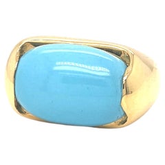 Gumdrop Blue Turquoise Cabochon Ring in 18k Yellow Gold, Puffy Band