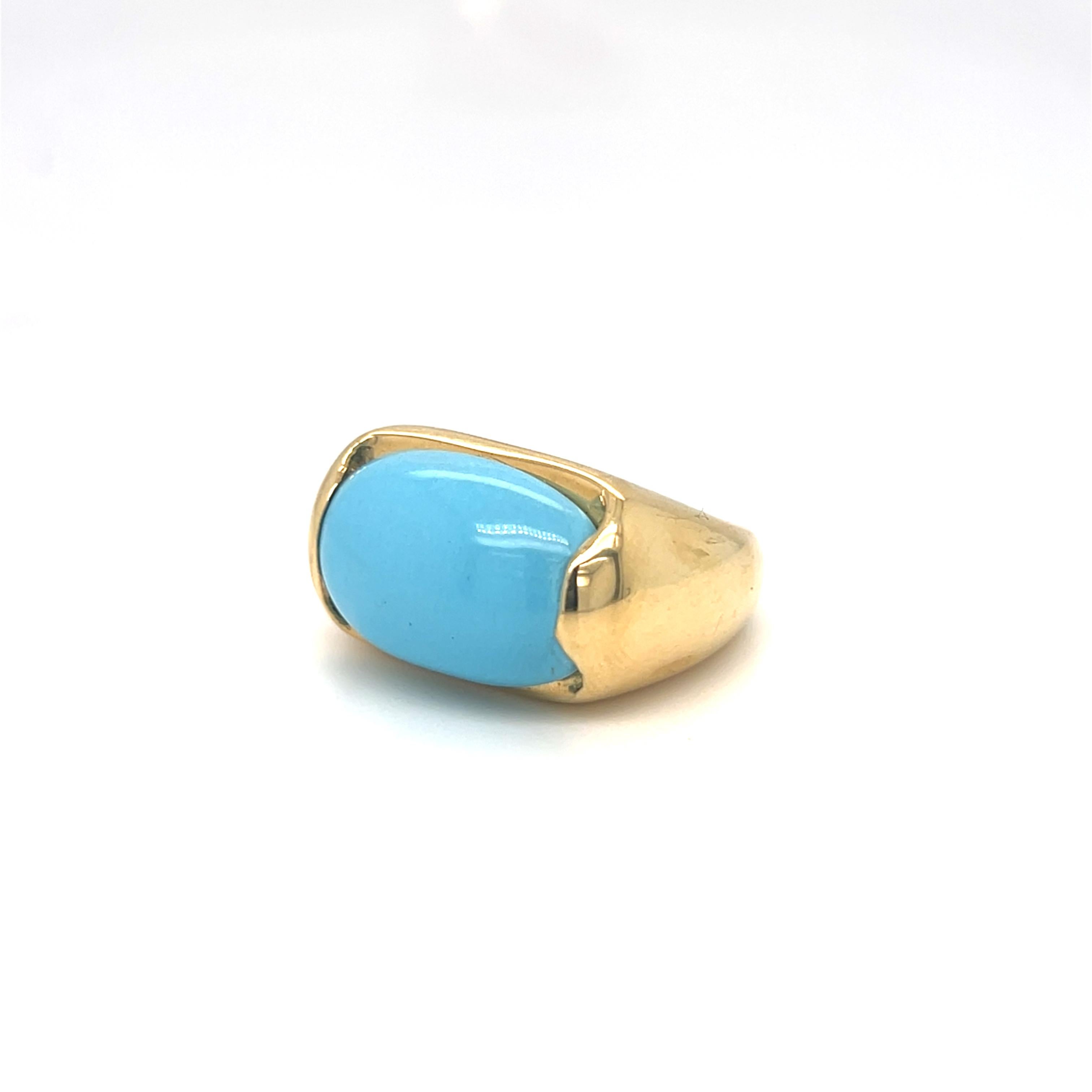 Women's or Men's Cabochon Gumdrop Turquoise Cabochon Turquoise Puffy Ring 18k Yellow Gold For Sale