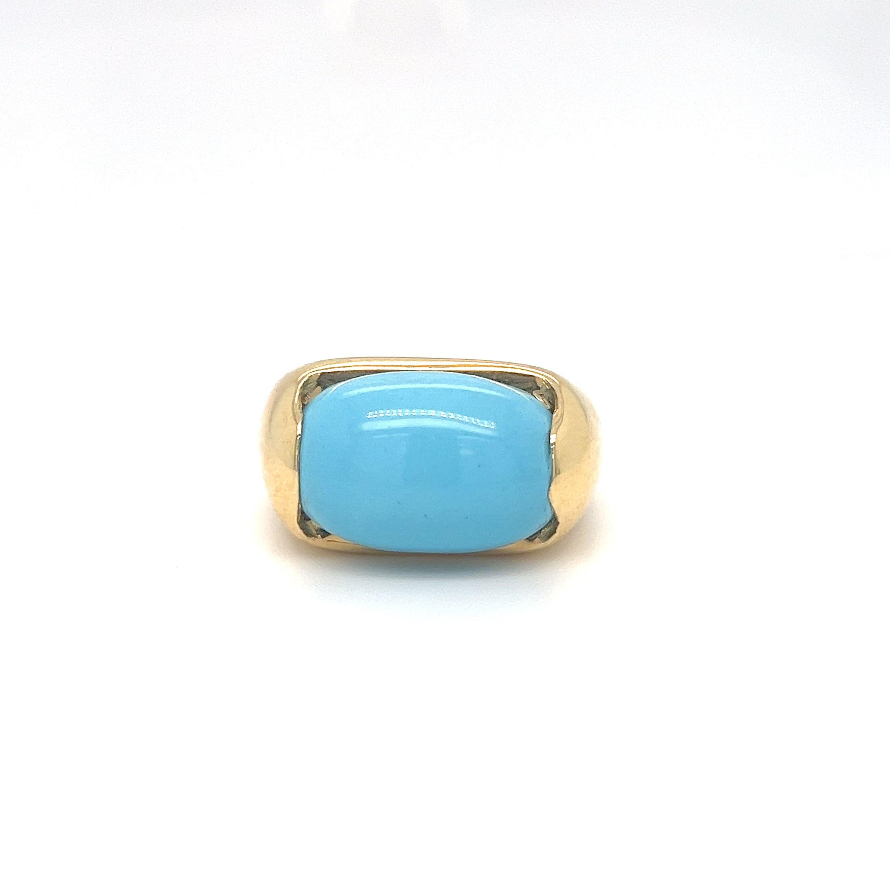 Cabochon Gumdrop Turquoise Cabochon Turquoise Puffy Ring 18k Yellow Gold For Sale 1