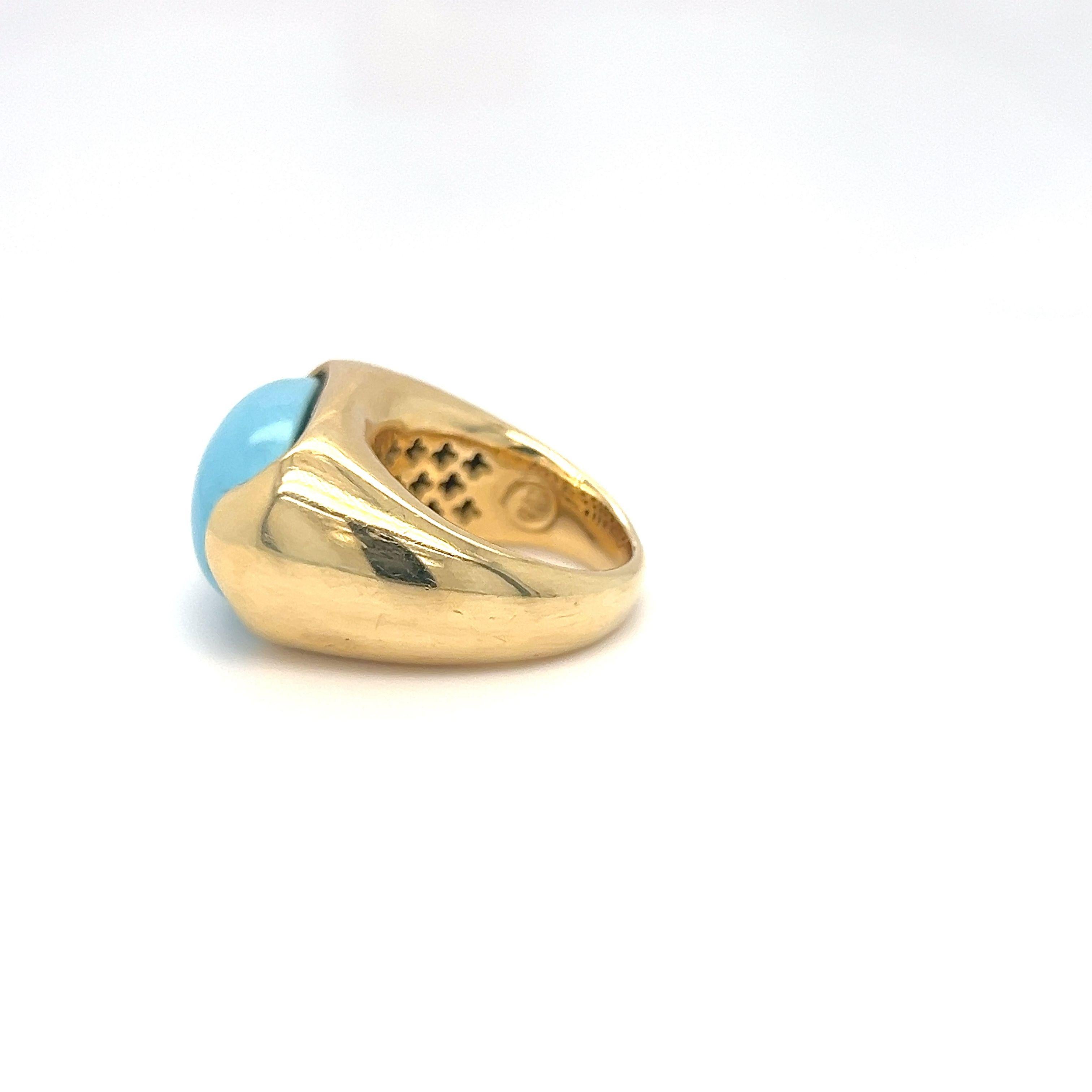 Cabochon Gumdrop Turquoise Cabochon Turquoise Puffy Ring 18k Yellow Gold For Sale 2