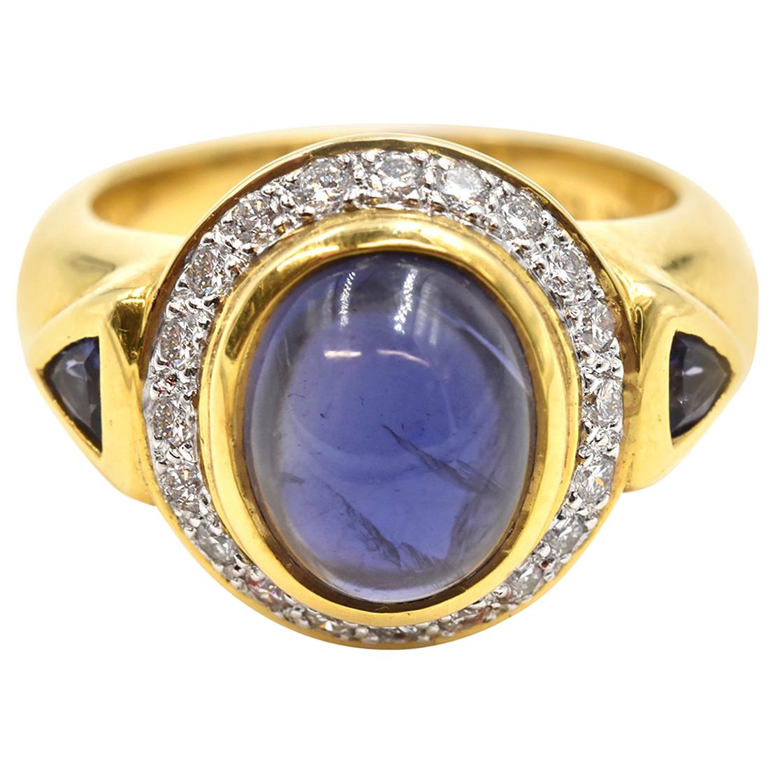 Cabochon Iolite and Diamond Ring 18 Karat Yellow Gold