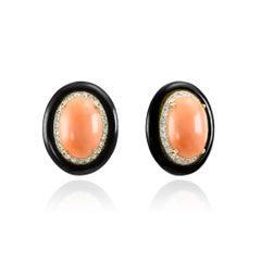 Cabochon Italian Coral, Black Onyx, & Diamond 18K Yellow Gold Fashion Earring