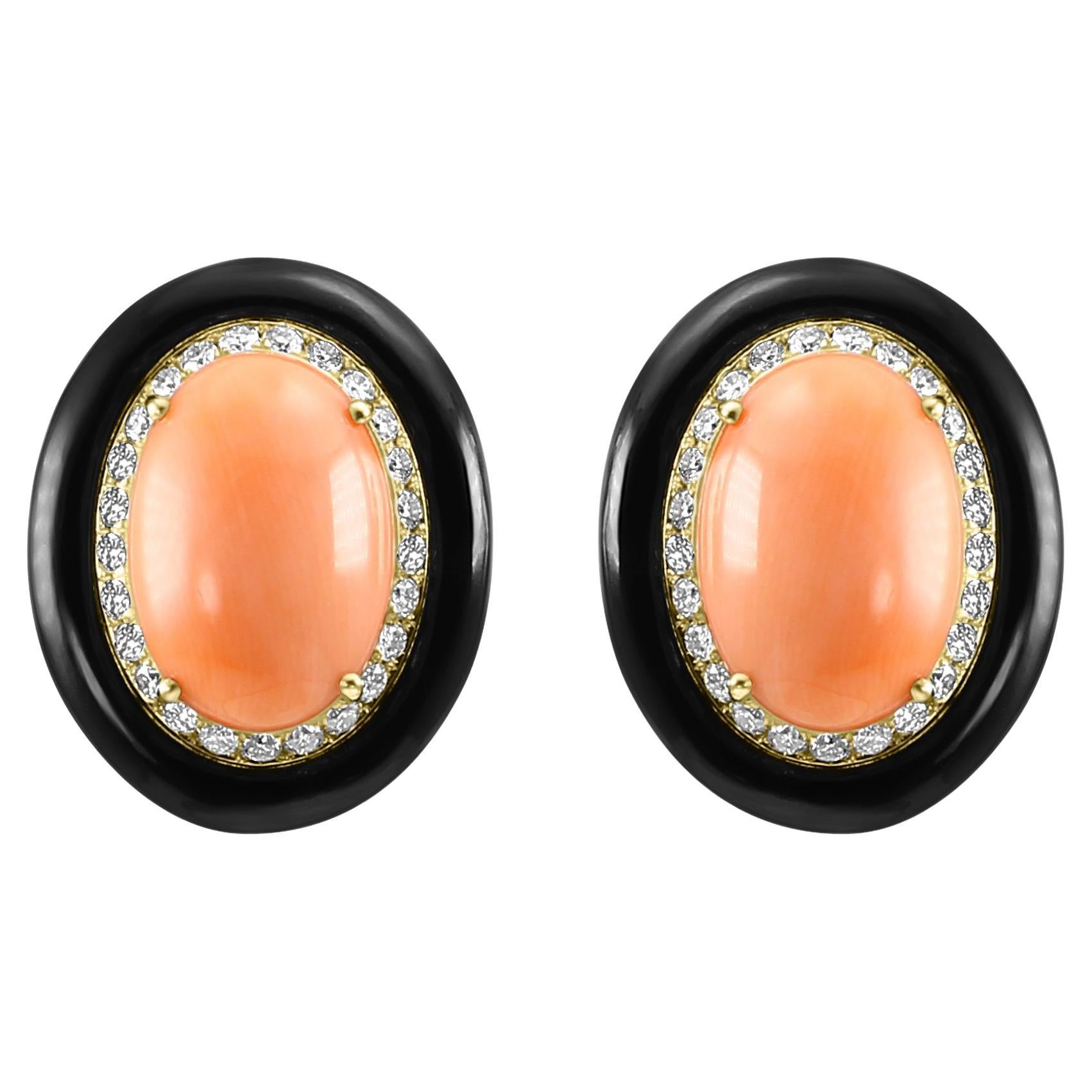 Italienischer Cabochon-Ohrring aus 18 Karat Gelbgold mit Koralle, schwarzem Onyx und Diamanten