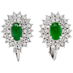 Cabochon Jade Diamond Double Halo Platinum Clip-On Earrings