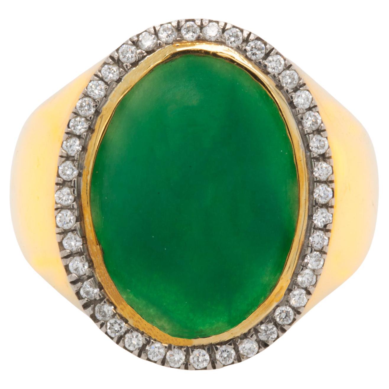 Oval Green Jade Diamond Halo Yellow Gold Fashion Ring with 1 Carat of Diamonds For Sale at 1stDibs