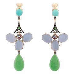 Vintage Cabochon lavender quartz, green tourmaline and turquoise earrings