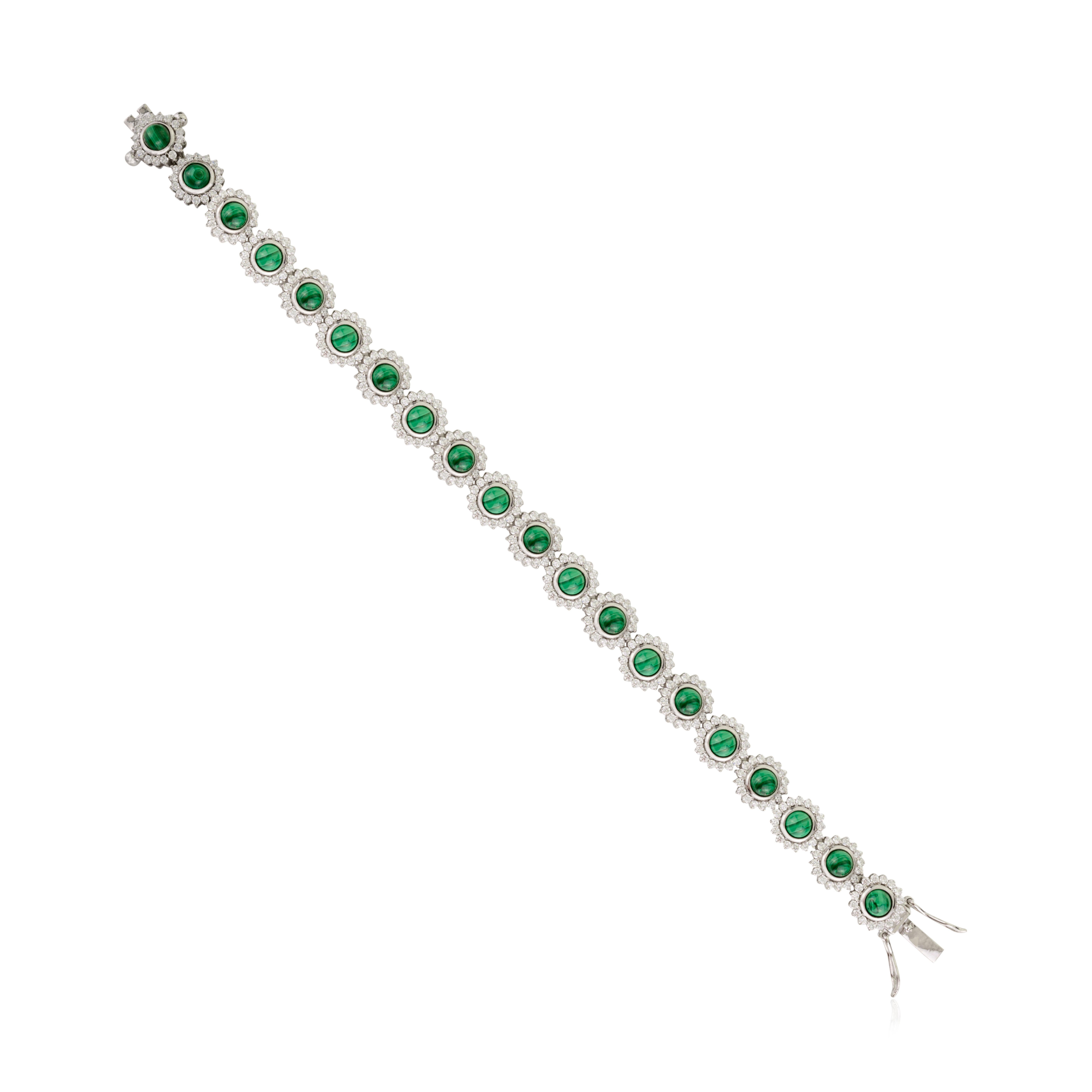 Contemporaneo Bracciale Tennis con Malachite Cabochon e Zircone Scintillante in Argento 925 in vendita