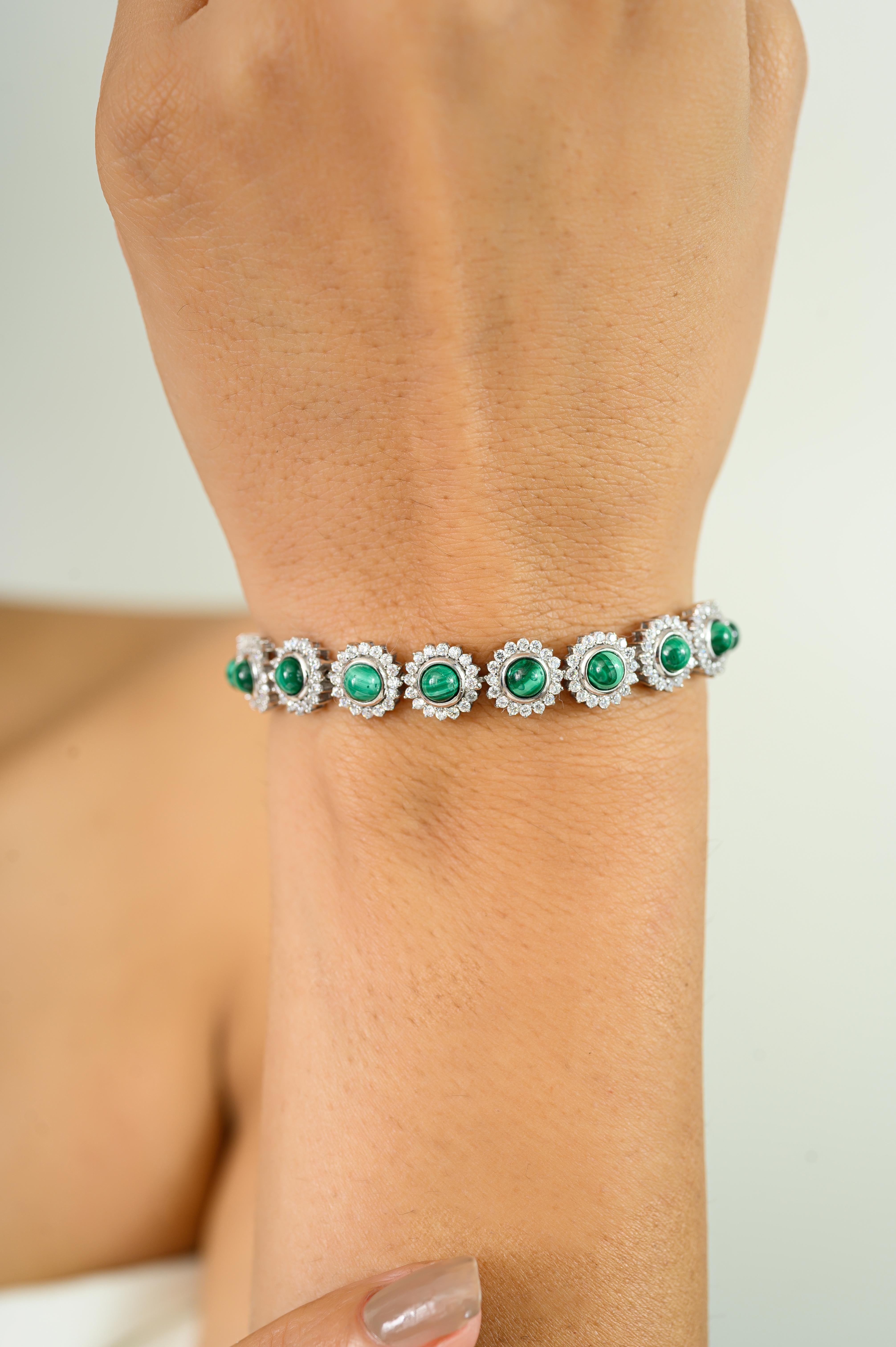 Bracciale Tennis con Malachite Cabochon e Zircone Scintillante in Argento 925 in vendita 2