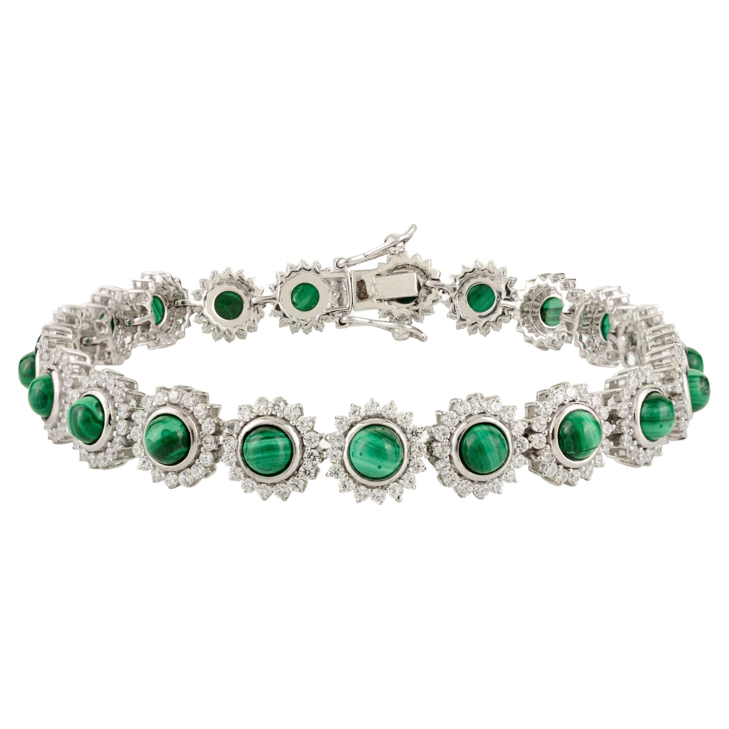 Bracciale Tennis con Malachite Cabochon e Zircone Scintillante in Argento 925 in vendita