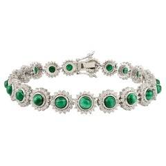 Cabochon Malachite & Sparkling Zircon Halo Tennis Bracelet in 925 Silver Jewelry