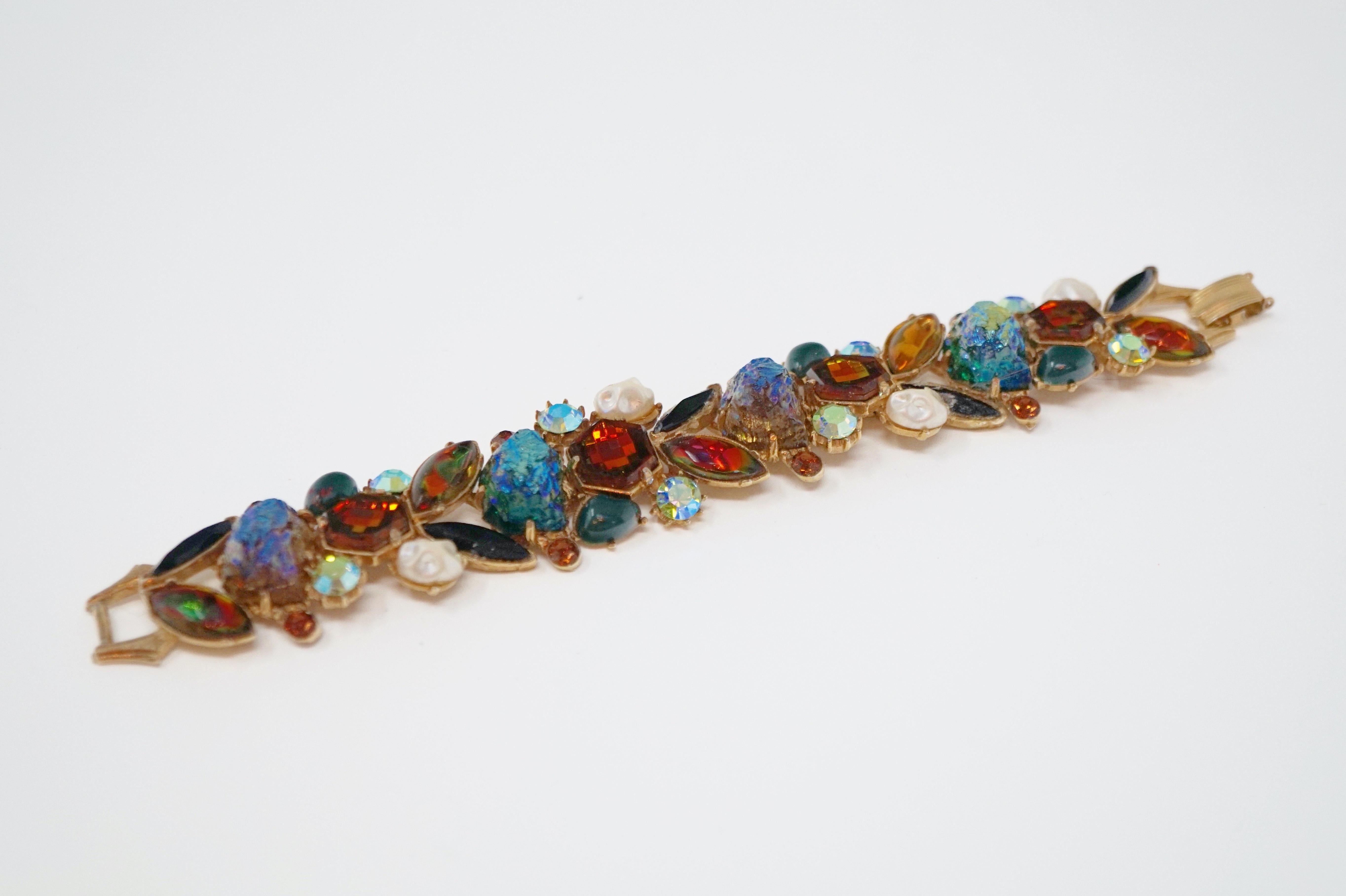 Cabochon Medley Statement Bracelet by Florenza, Signed, circa 1960 In Good Condition In McKinney, TX