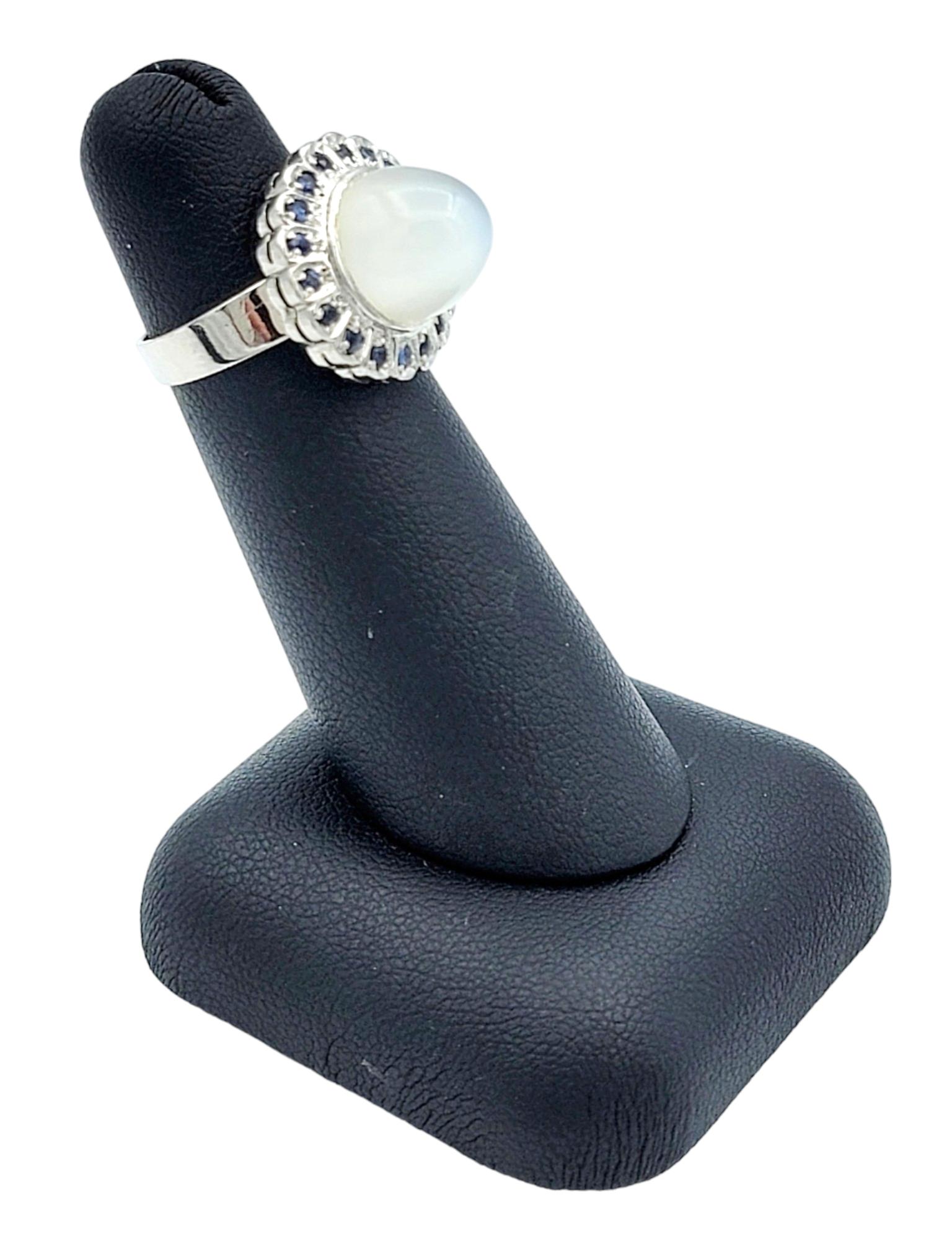 Cabochon Moonstone Domed Cocktail Ring with Sapphire Halo in 10 Karat White Gold For Sale 4