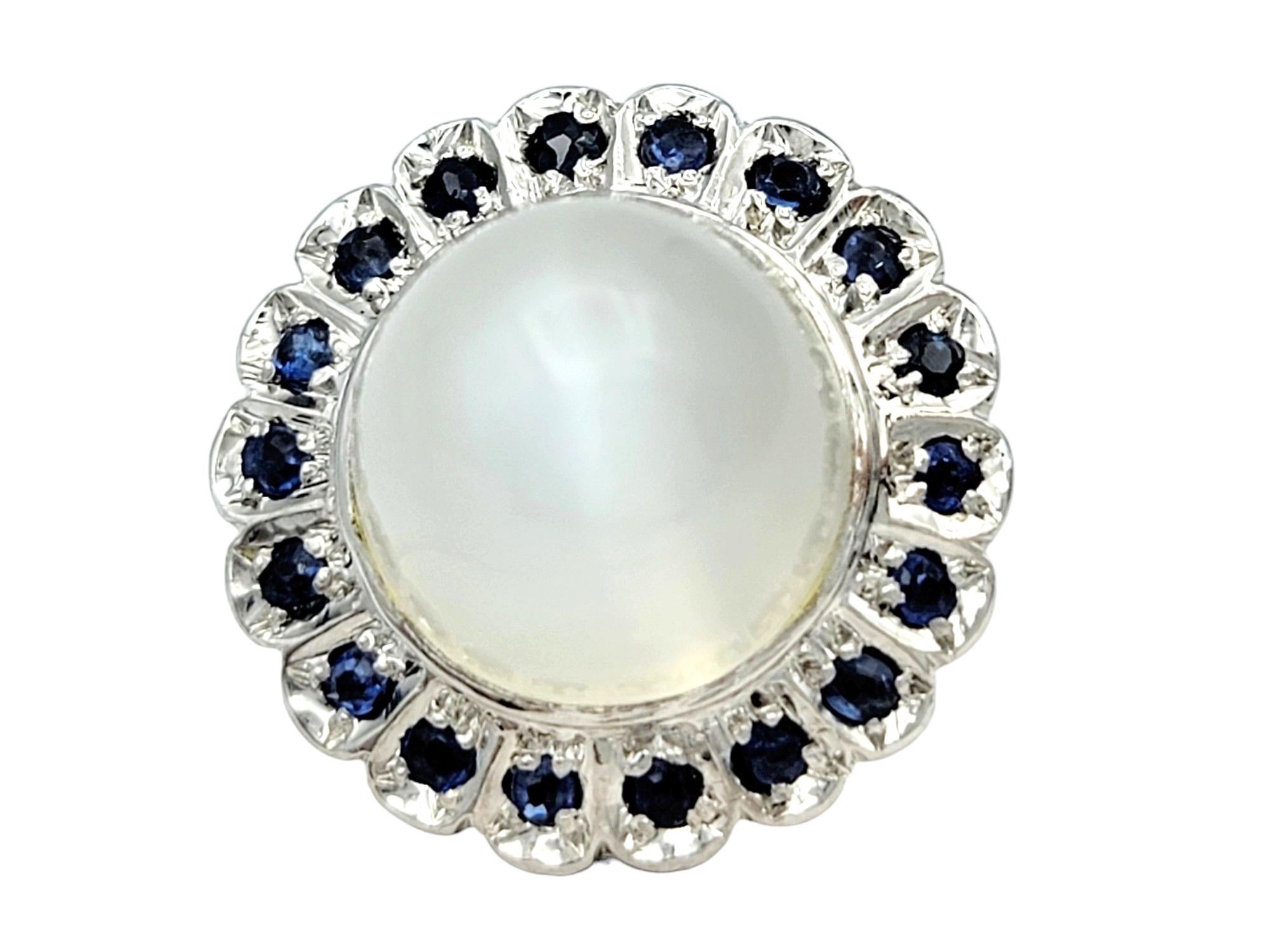 Cabochon Moonstone Domed Cocktail Ring with Sapphire Halo in 10 Karat White Gold In Good Condition For Sale In Scottsdale, AZ
