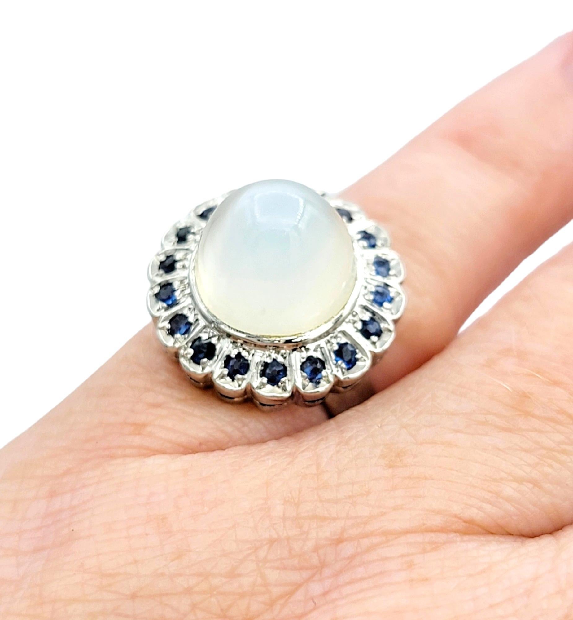 Cabochon Moonstone Domed Cocktail Ring with Sapphire Halo in 10 Karat White Gold For Sale 1