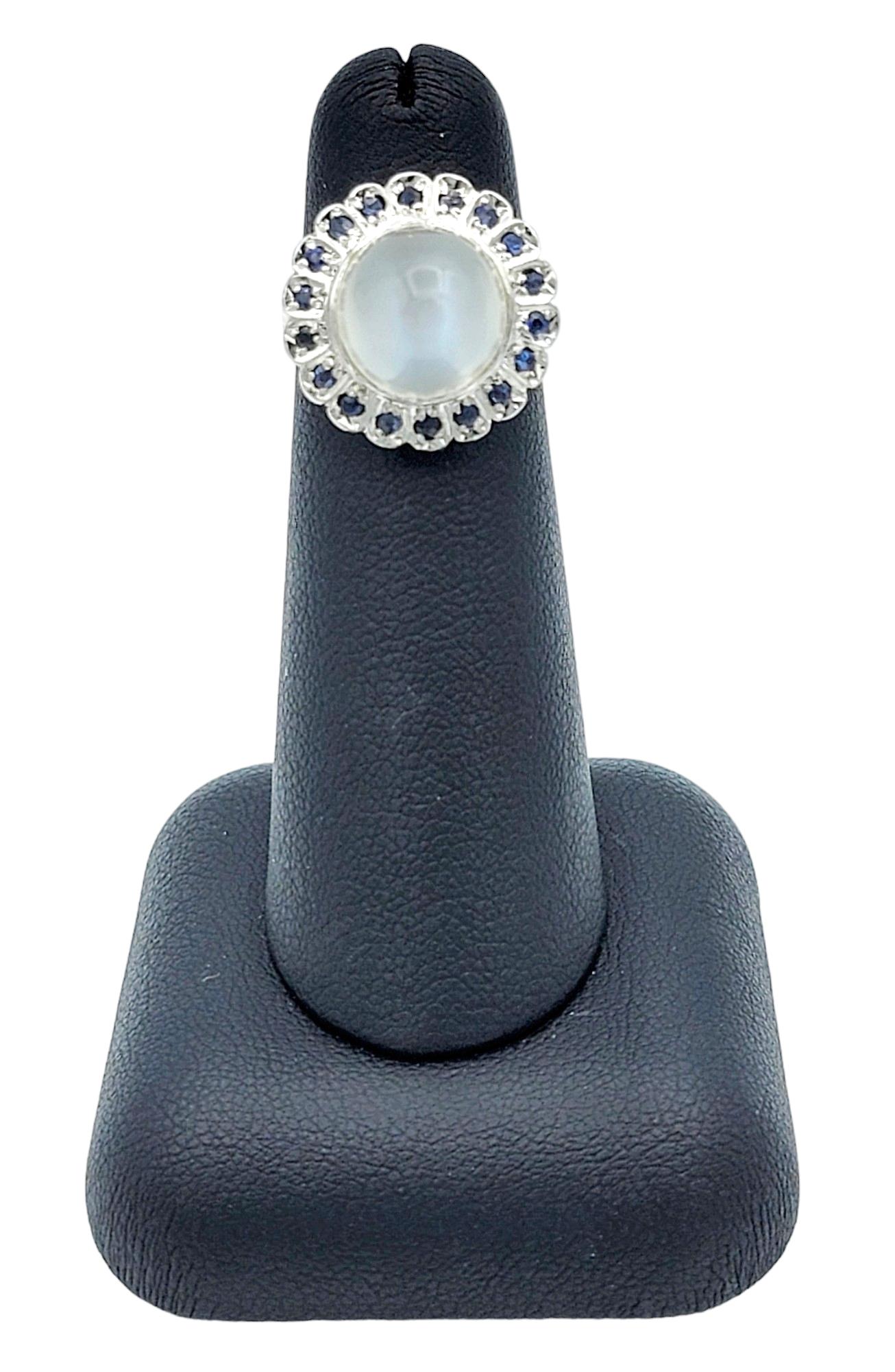Cabochon Moonstone Domed Cocktail Ring with Sapphire Halo in 10 Karat White Gold For Sale 3