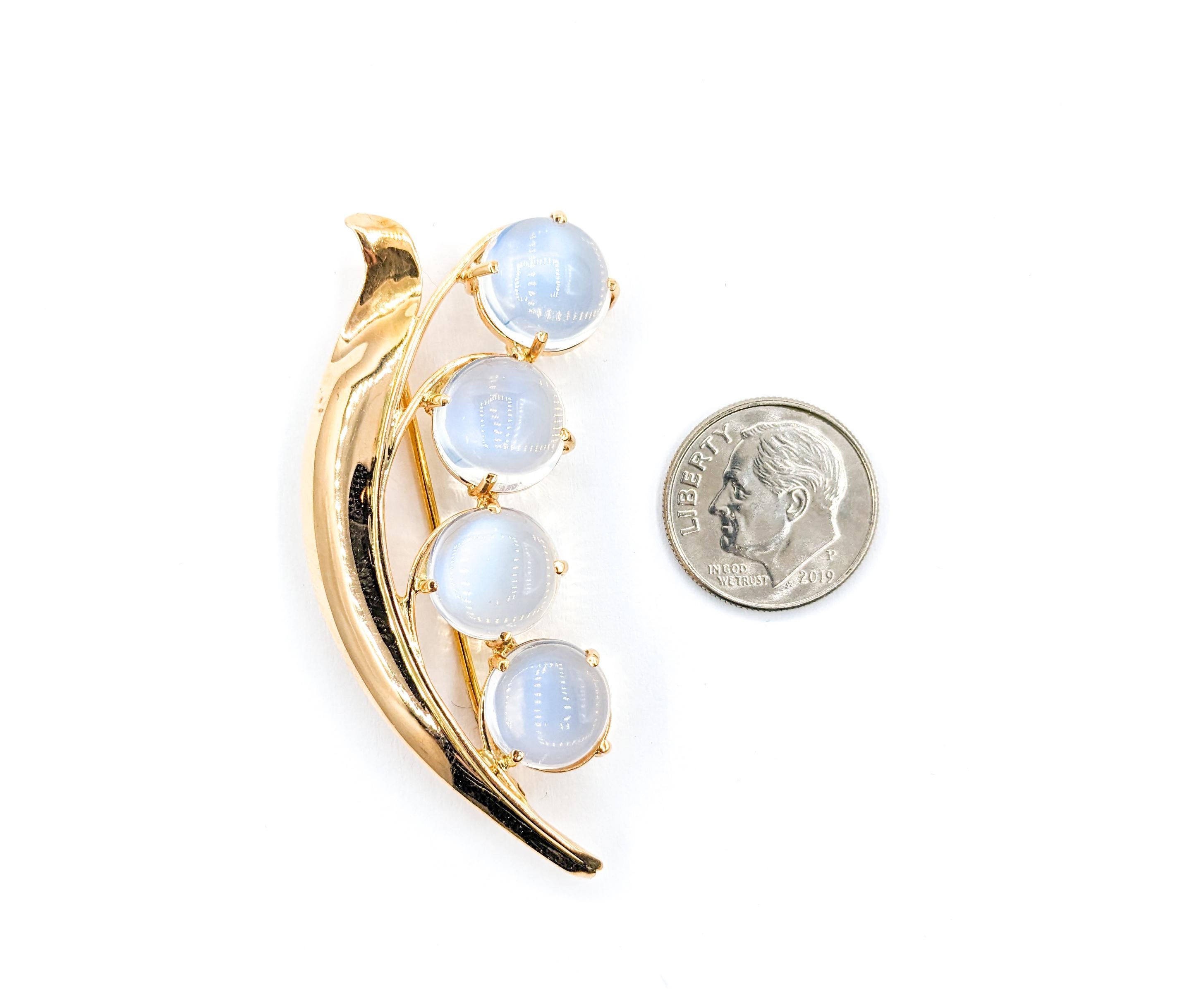 Modern Mid-Century Cabochon Moonstone Vine Brooch In Yellow Gold For Sale