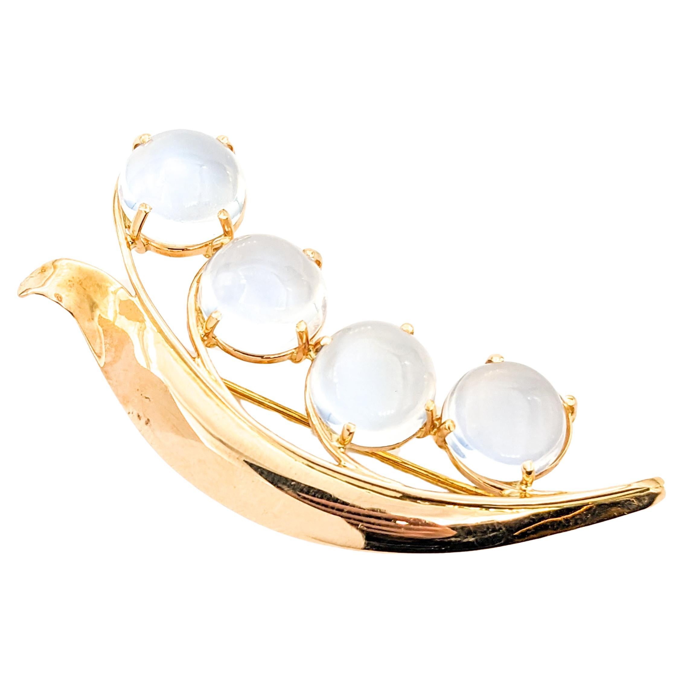 Mid-Century Cabochon Moonstone Vine Brooch In Yellow Gold