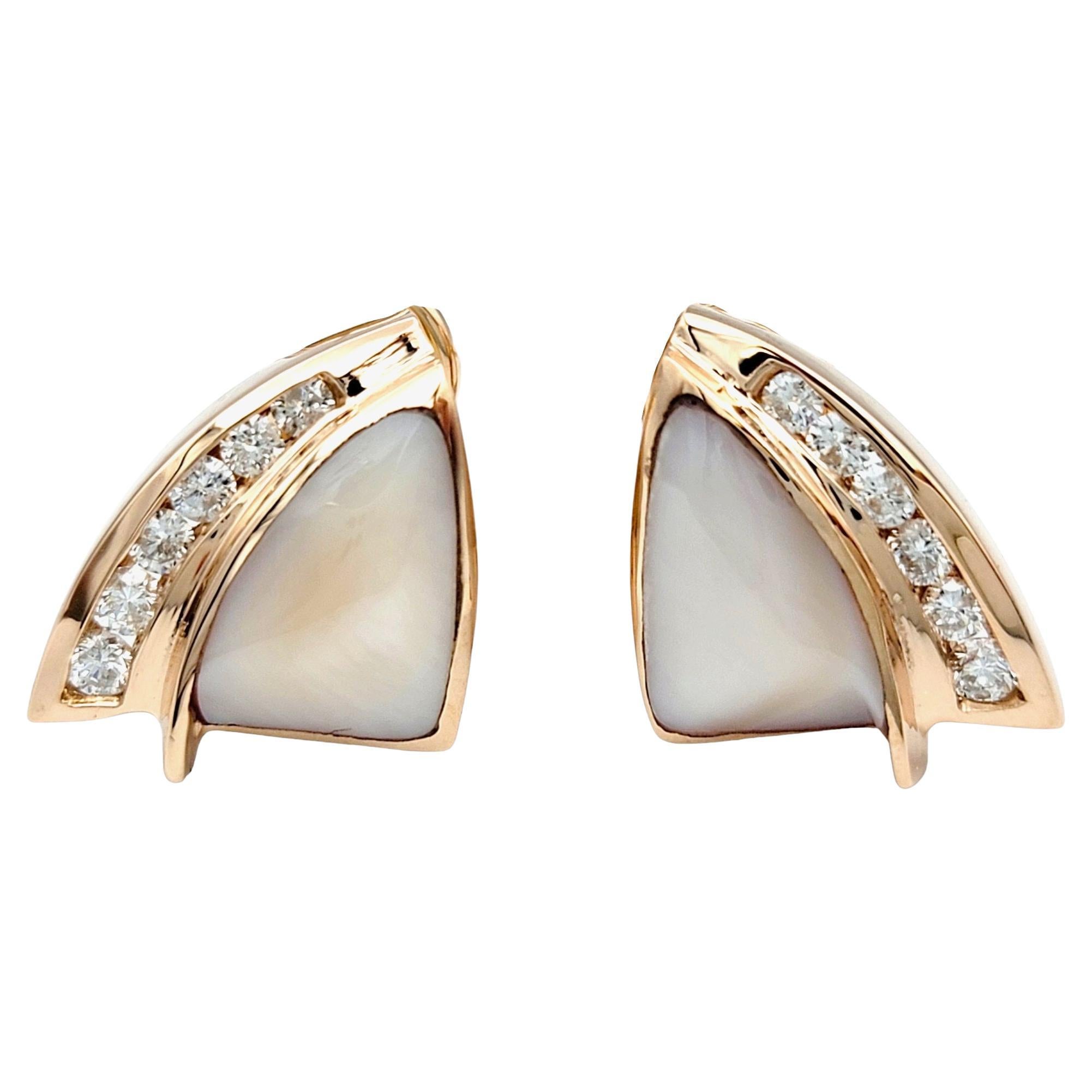 These elegant earrings exude timeless sophistication. Set in warm rose gold, each earring features a luminous mother of pearl gemstone, delicately paired with a row of sparkling diamonds. The soft, iridescent glow of the mother of pearl gemstones