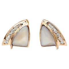 Cabochon Mother of Pearl and Round Diamond Stud Earrings in 14 Karat Rose Gold