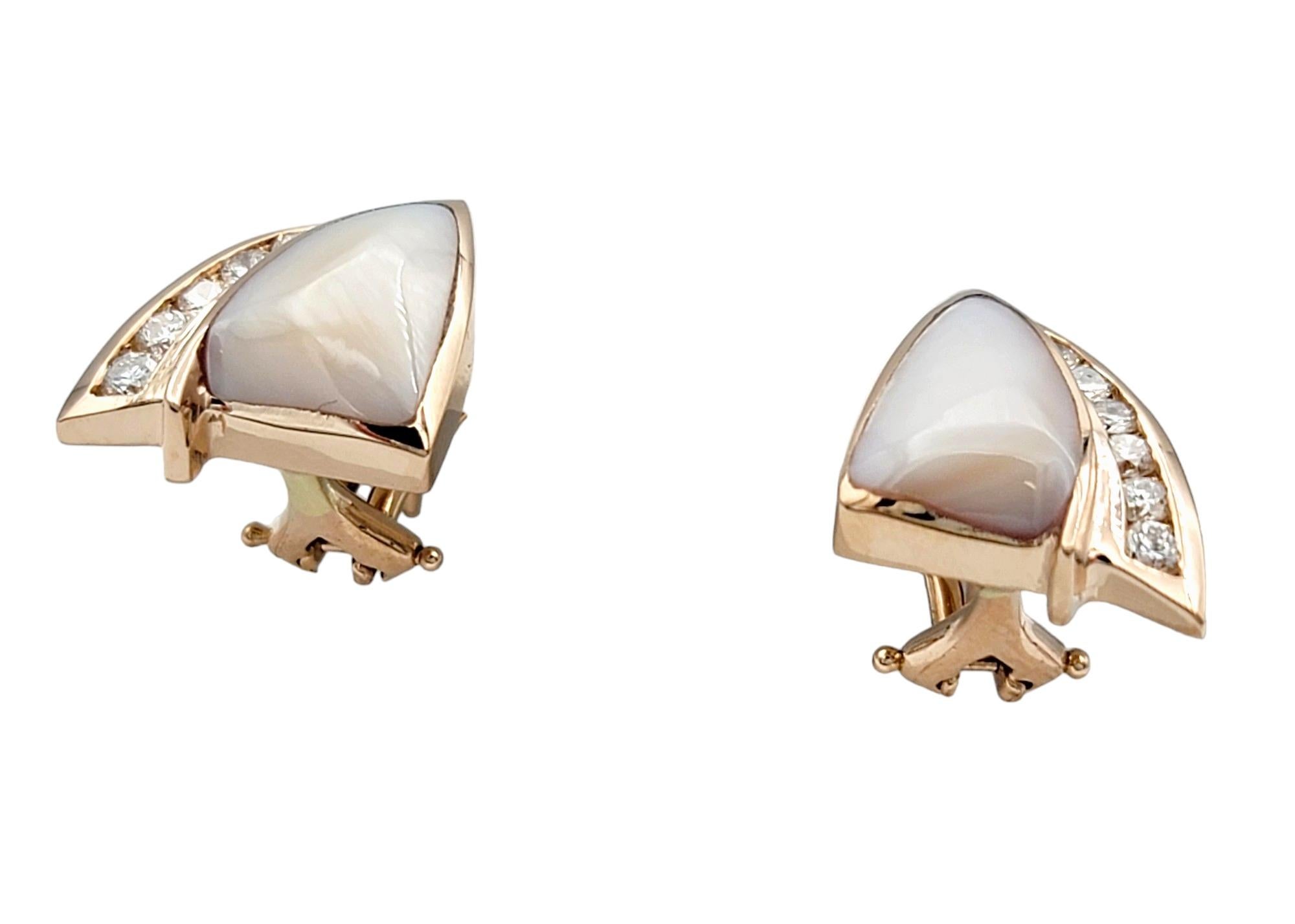 Contemporary Cabochon Mother of Pearl and Round Diamond Stud Earrings in 14 Karat Rose Gold For Sale