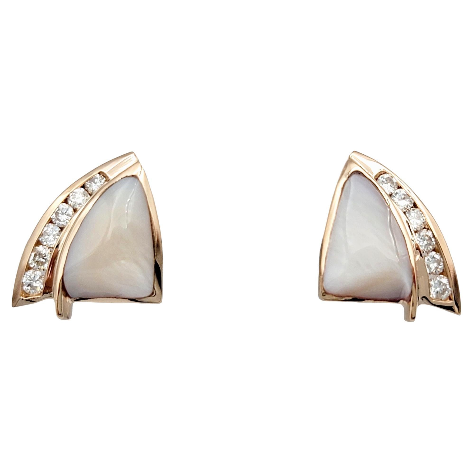 Cabochon Mother of Pearl and Round Diamond Stud Earrings in 14 Karat Rose Gold