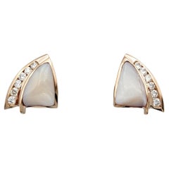 Cabochon Mother of Pearl and Round Diamond Stud Earrings in 14 Karat Rose Gold