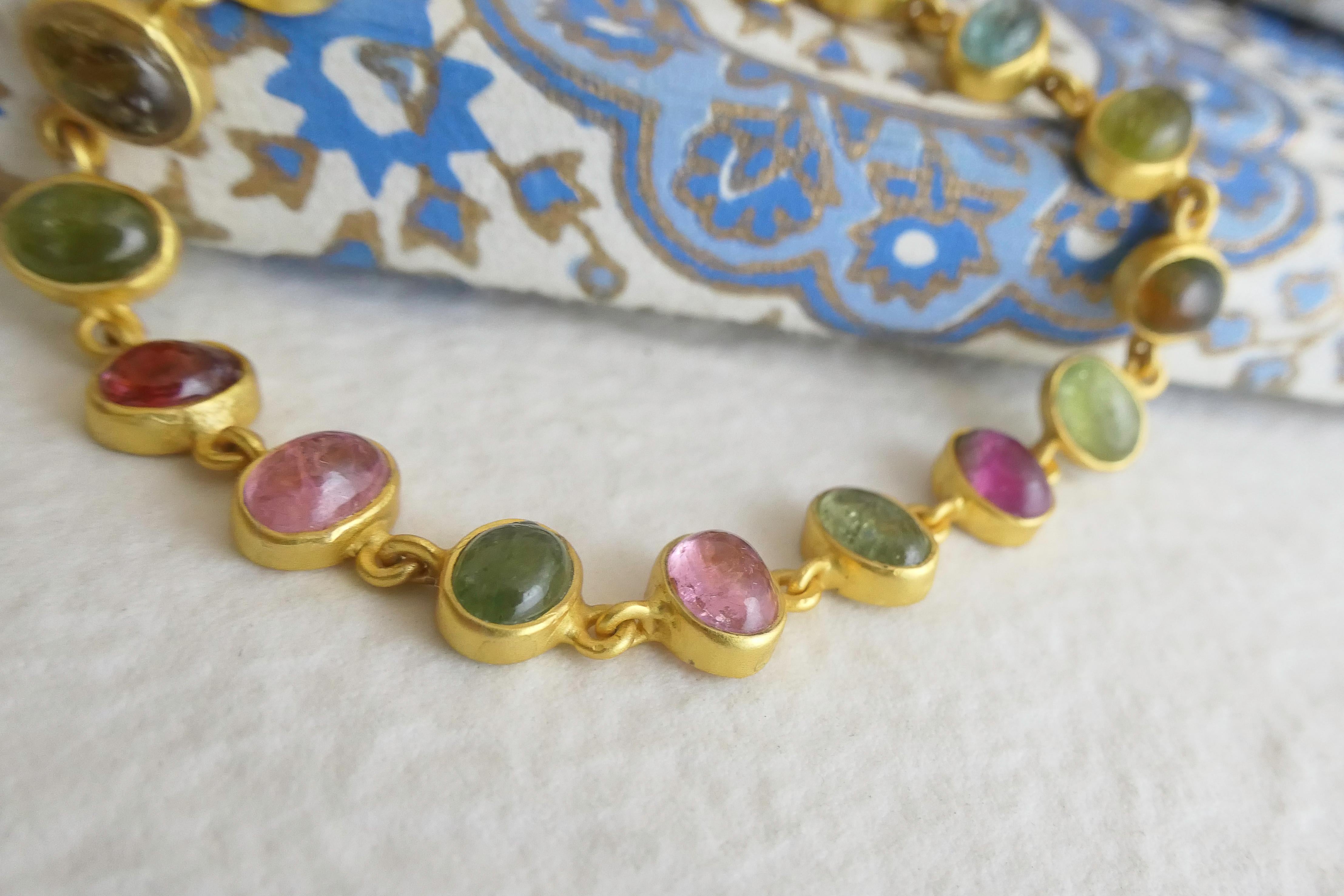 Pulsera Cabujón Turmalina Multicolor Plata de Ley Chapada en Oro en venta 5