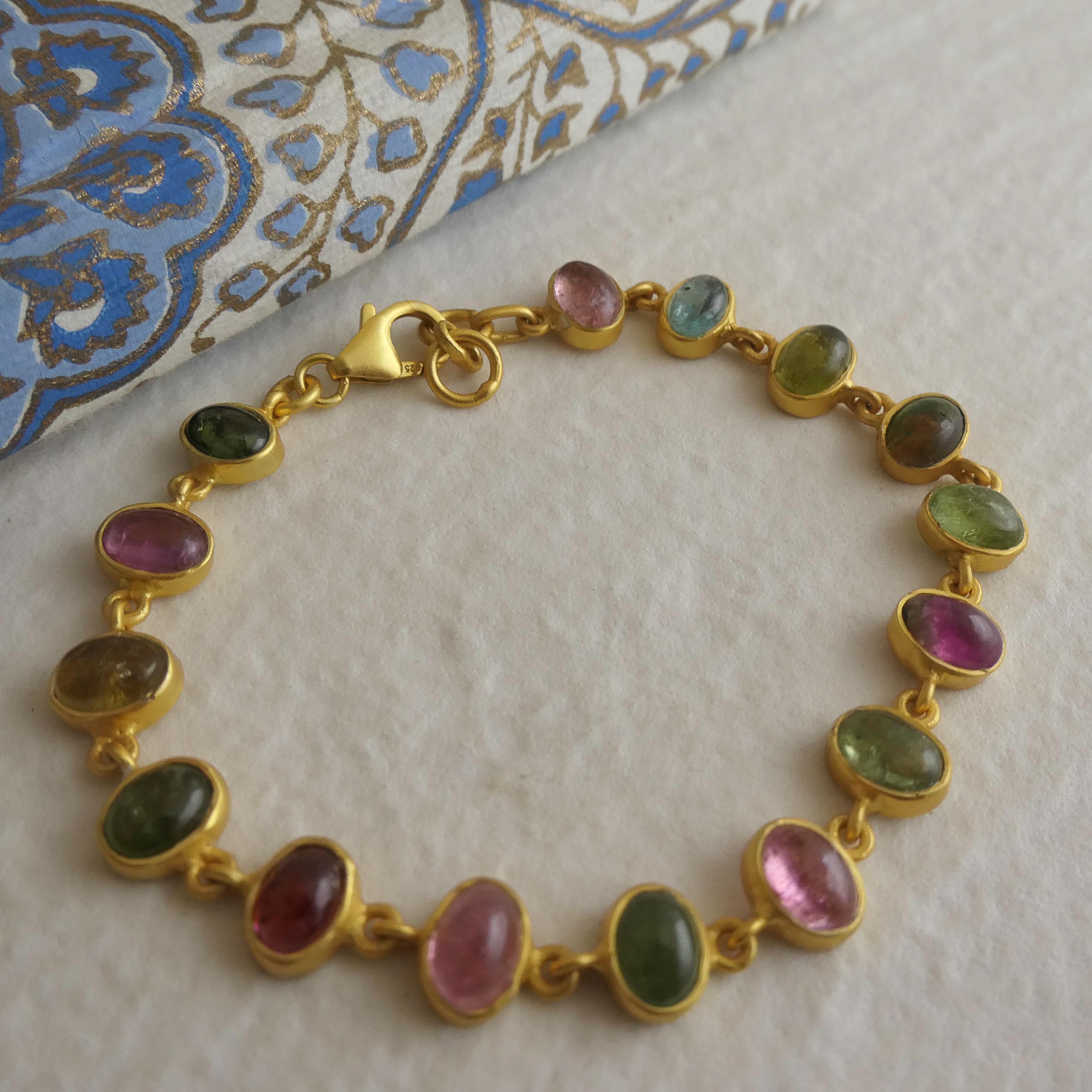 Pulsera Cabujón Turmalina Multicolor Plata de Ley Chapada en Oro Artesano en venta