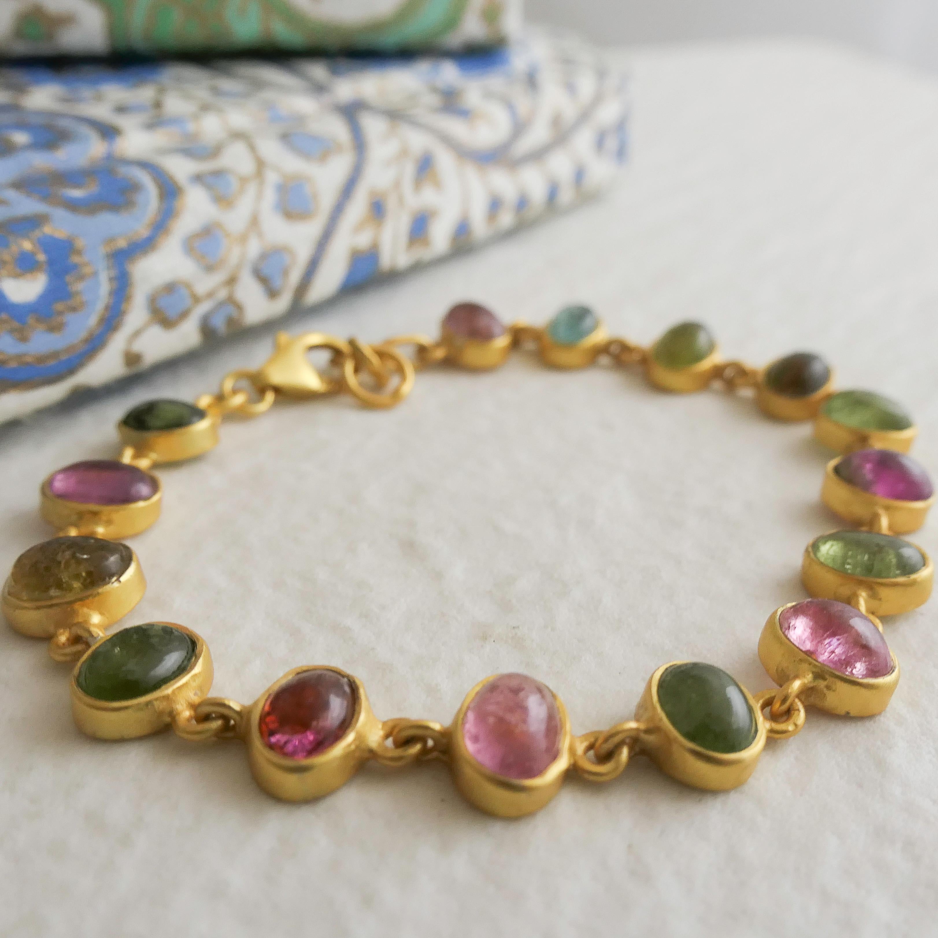 De las mujeres Pulsera Cabujón Turmalina Multicolor Plata de Ley Chapada en Oro en venta