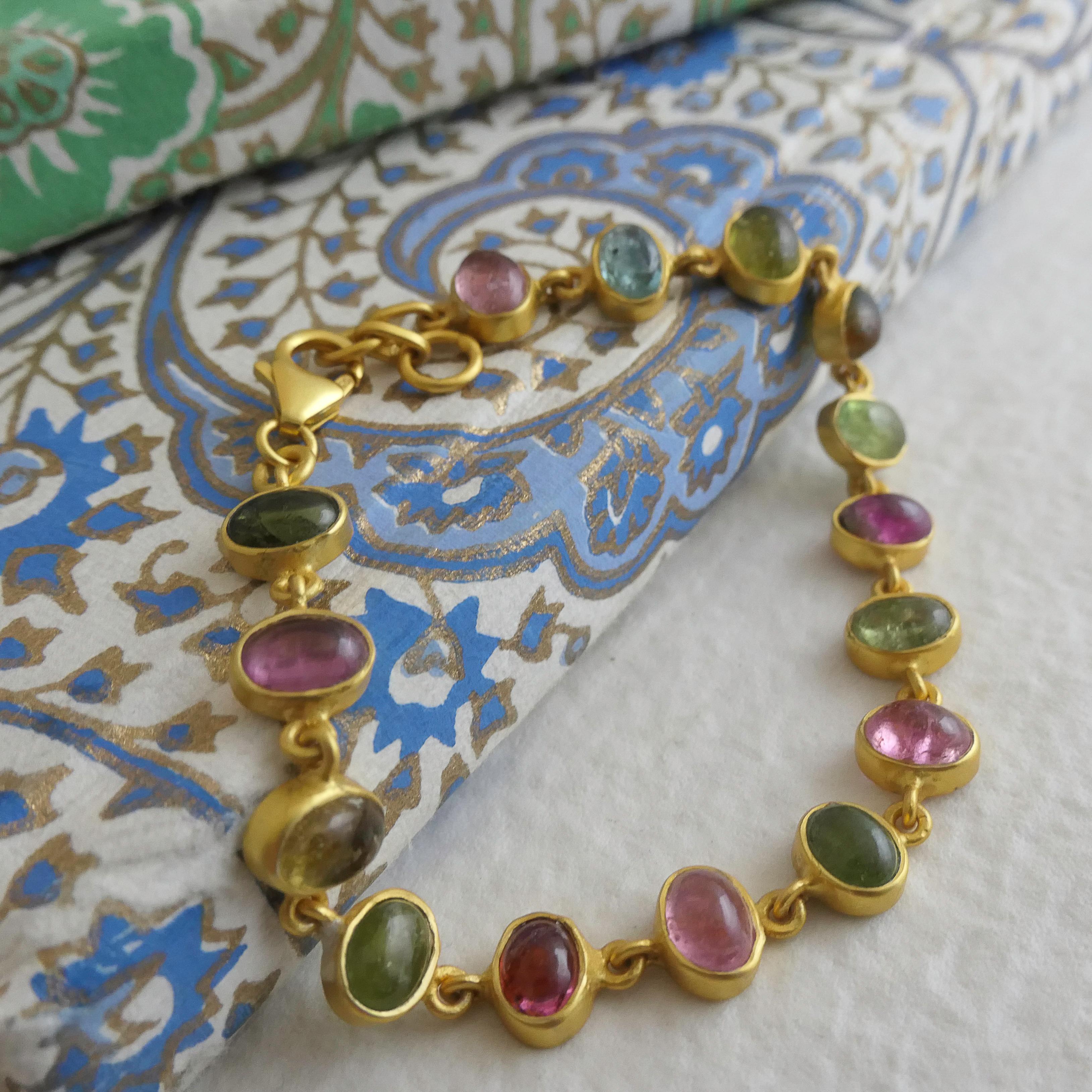 Pulsera Cabujón Turmalina Multicolor Plata de Ley Chapada en Oro en venta 3