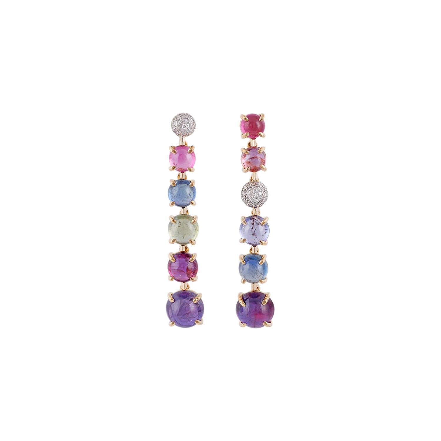 Cabochon Multi Sapphire and Diamond Earring in 18 Karat Yellow Gold For Sale