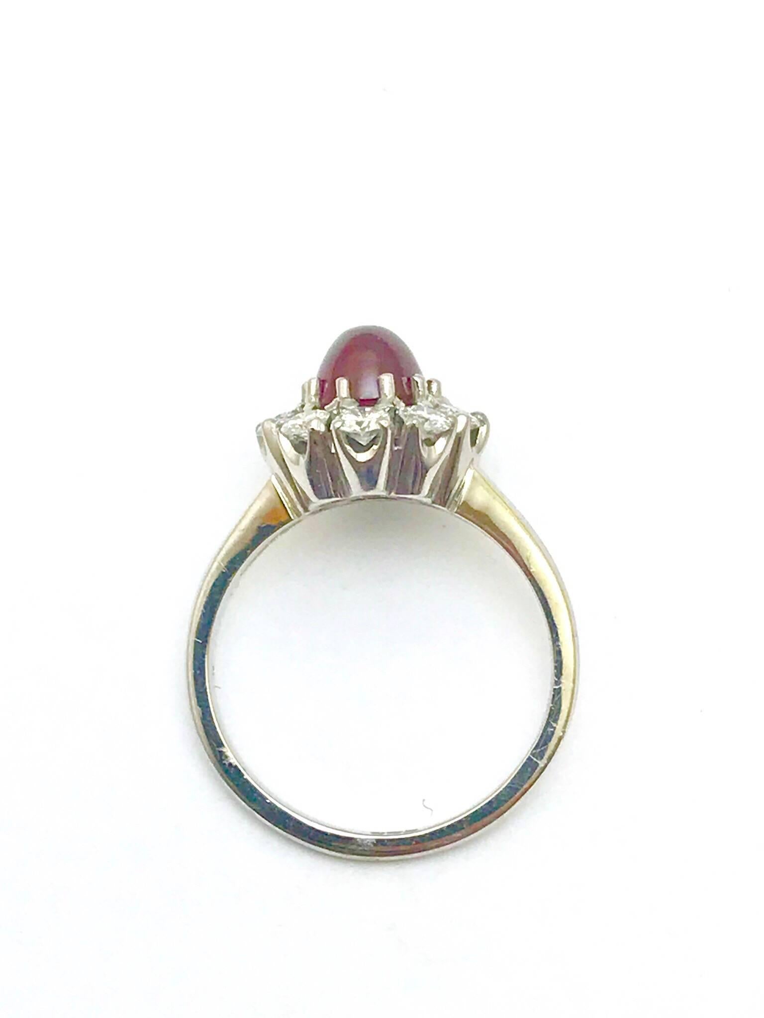 Oval Cut Cabochon Natural Ruby and Round Brilliant Diamond White Gold Ring