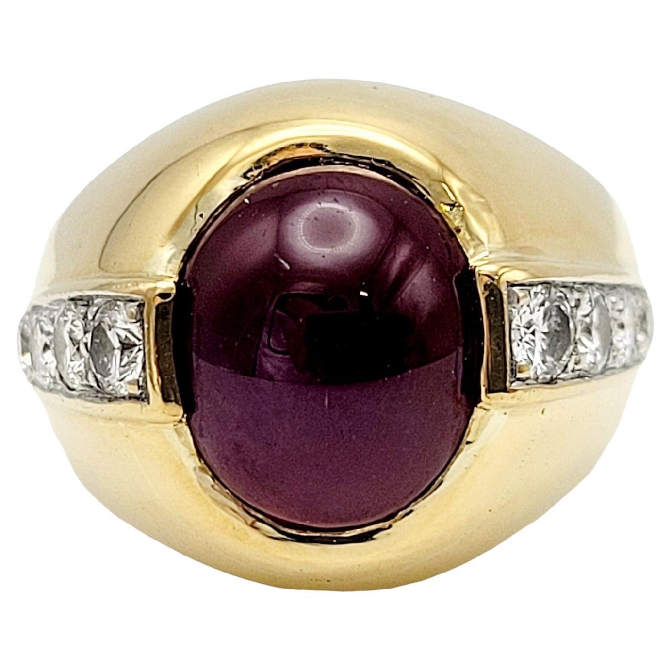 Cabochon Natural Ruby &  Diamonds Dome Ring in 18 Karat Yellow Gold