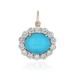 Pendentif raffiné en or jaune 14 carats avec cabochon de turquoise naturelle et zircone cubique ronde