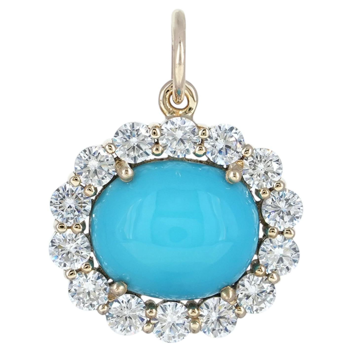 Cabochon Natural Turquoise 14k Yellow Gold Round CZ Fine Pendant Jewelry