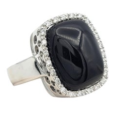 Cabochon Onyx and Diamond Halo Cocktail Ring in 14 Karat White Gold