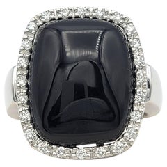 Cabochon Onyx and Diamond Halo Cocktail Ring in 14 Karat White Gold
