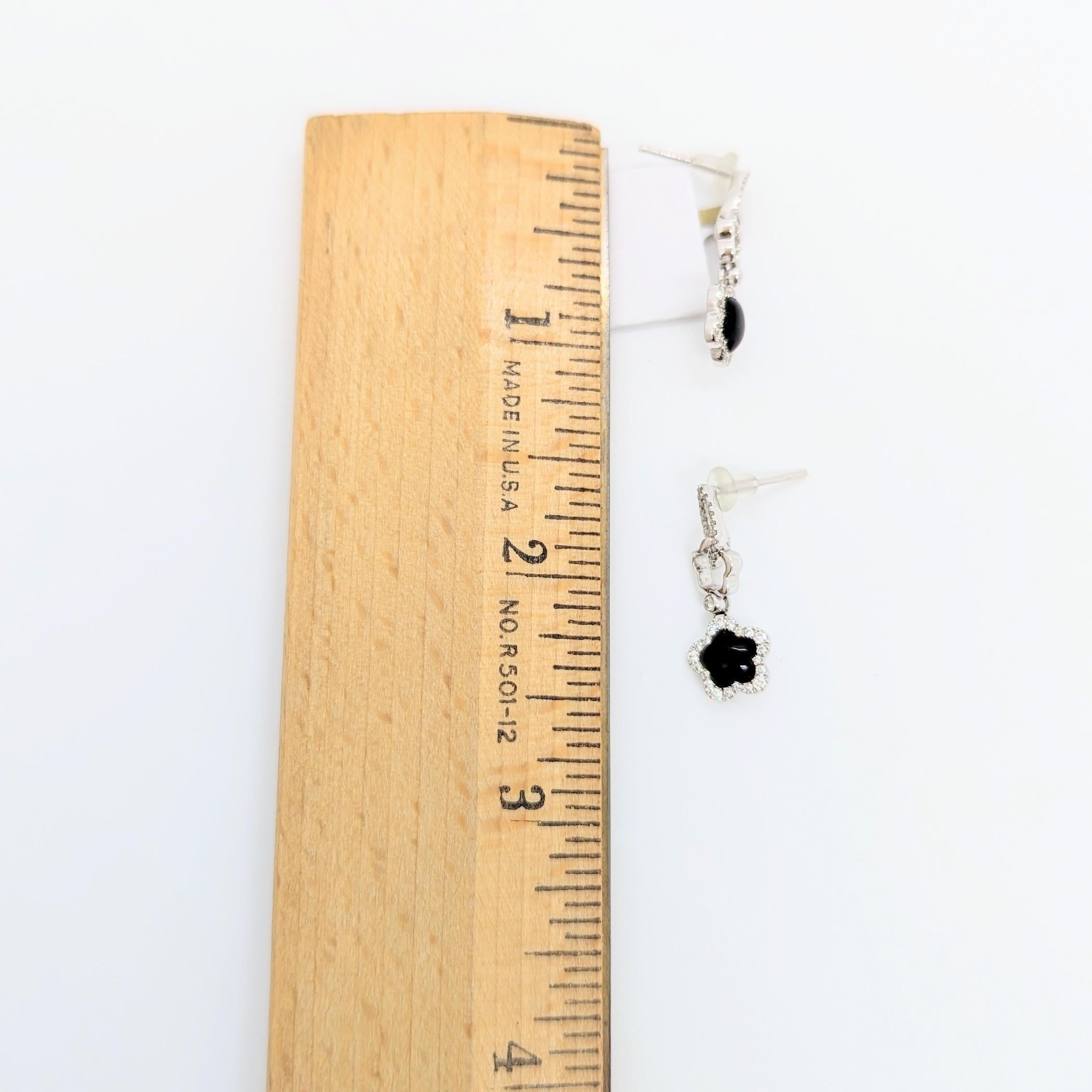 Women's or Men's Cabochon Onyx and White Diamond Dangle Earrings in 18K White Gold For Sale