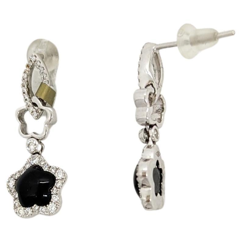 Cabochon Onyx and White Diamond Dangle Earrings in 18K White Gold For Sale
